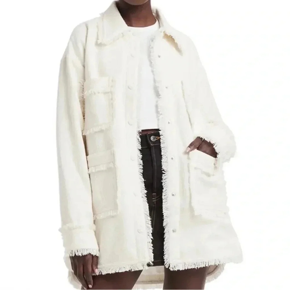 Apparis Callie‎ Jacket Oversized Frayed Hem Lined White Tweed Shacket Size XS